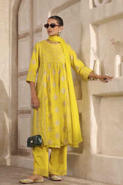 Lime Yellow Chanderi Straight Dyed Suit Set image number 0