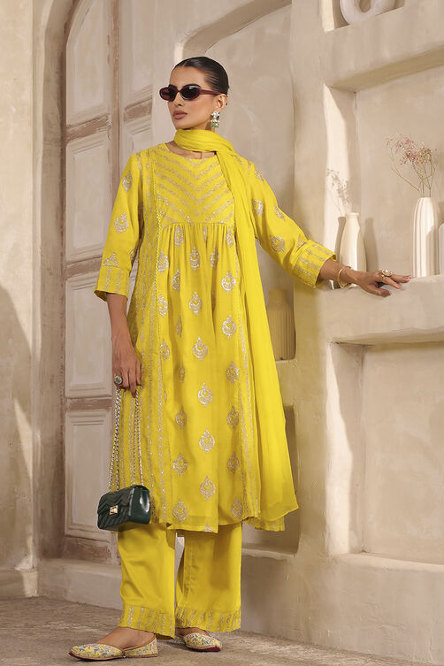 Lime Yellow Chanderi Straight Dyed Suit Set image number 0