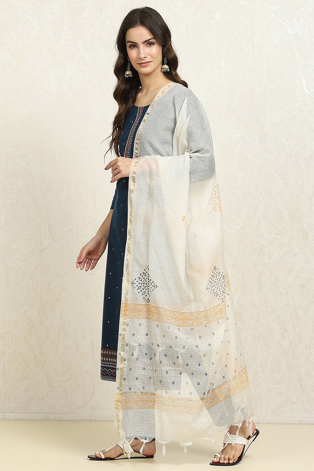 Yellow Cotton Handloom Unstitched Suit Set image number 4