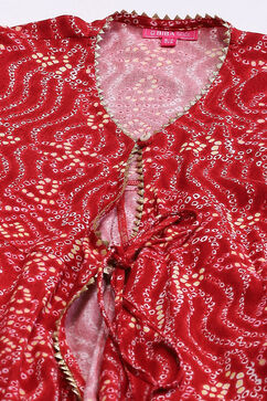 Red Rayon Front Open Kurta Regular Pants Suit Set image number 1