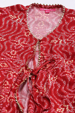Red Rayon Front Open Kurta Regular Pant Suit Set image number 1