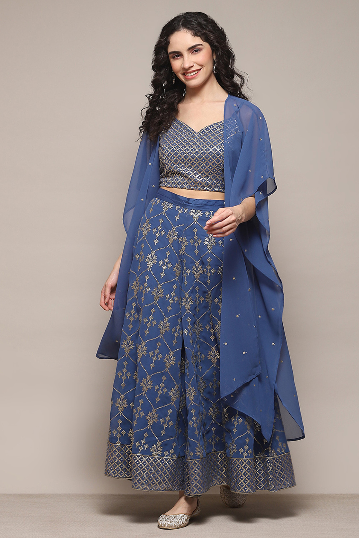Teal Polyester Embroidered Suit Set