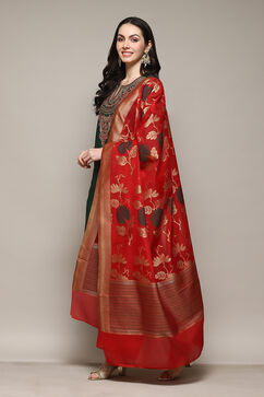 Green & Red Poly Viscose Straight Kurta Slim Pant Suit Set image number 5