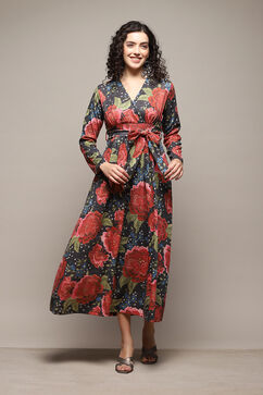 Black Cotton Blend A-Line Printed Dress image number 5