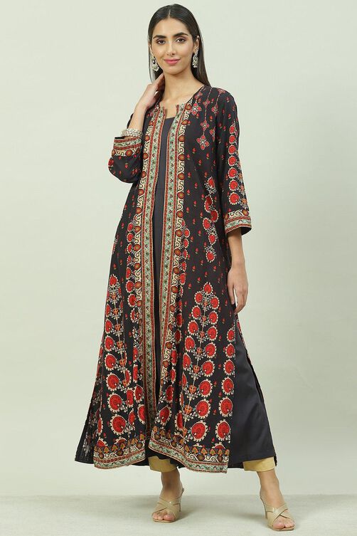 Black Rayon Straight Printed Kurta image number 0