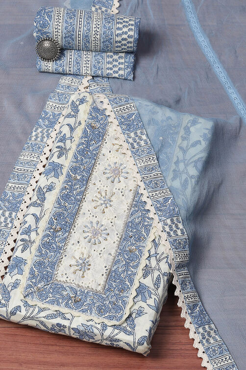 Blue Cotton Printed Unstitched Suit Set image number 0