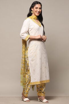 Yellow White Cotton Unstitched Suit set image number 7