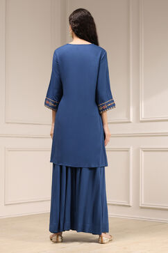 Navy Blue Embroidered Straight Suit Set image number 3