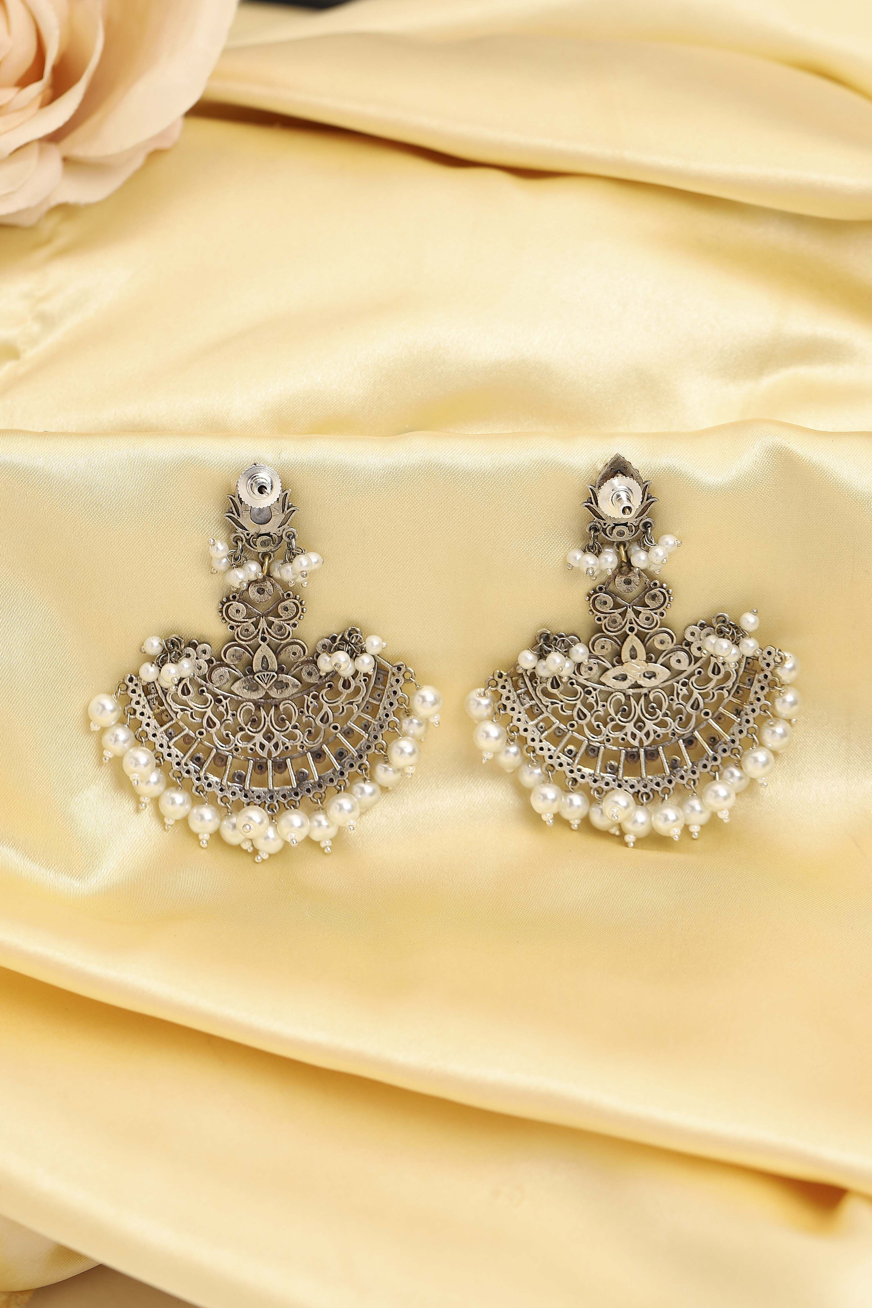 Gold & Silver Toned Oxidised Brass Studded Chandbalis image number 2