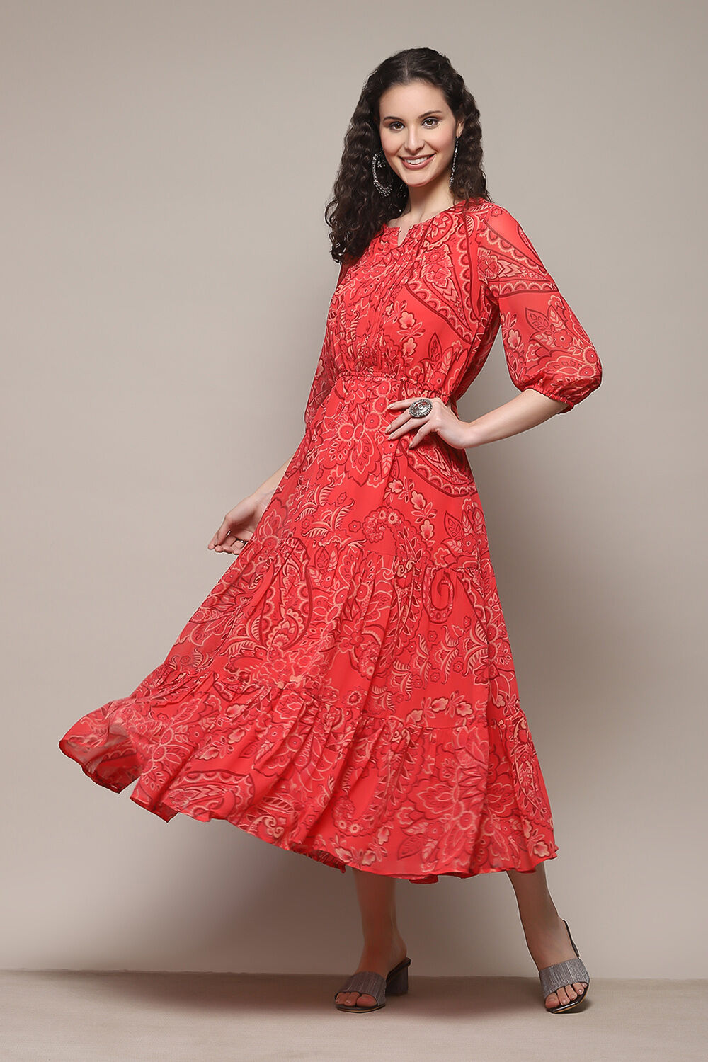 Blue Polyester Tiered Printed Dress image number 3