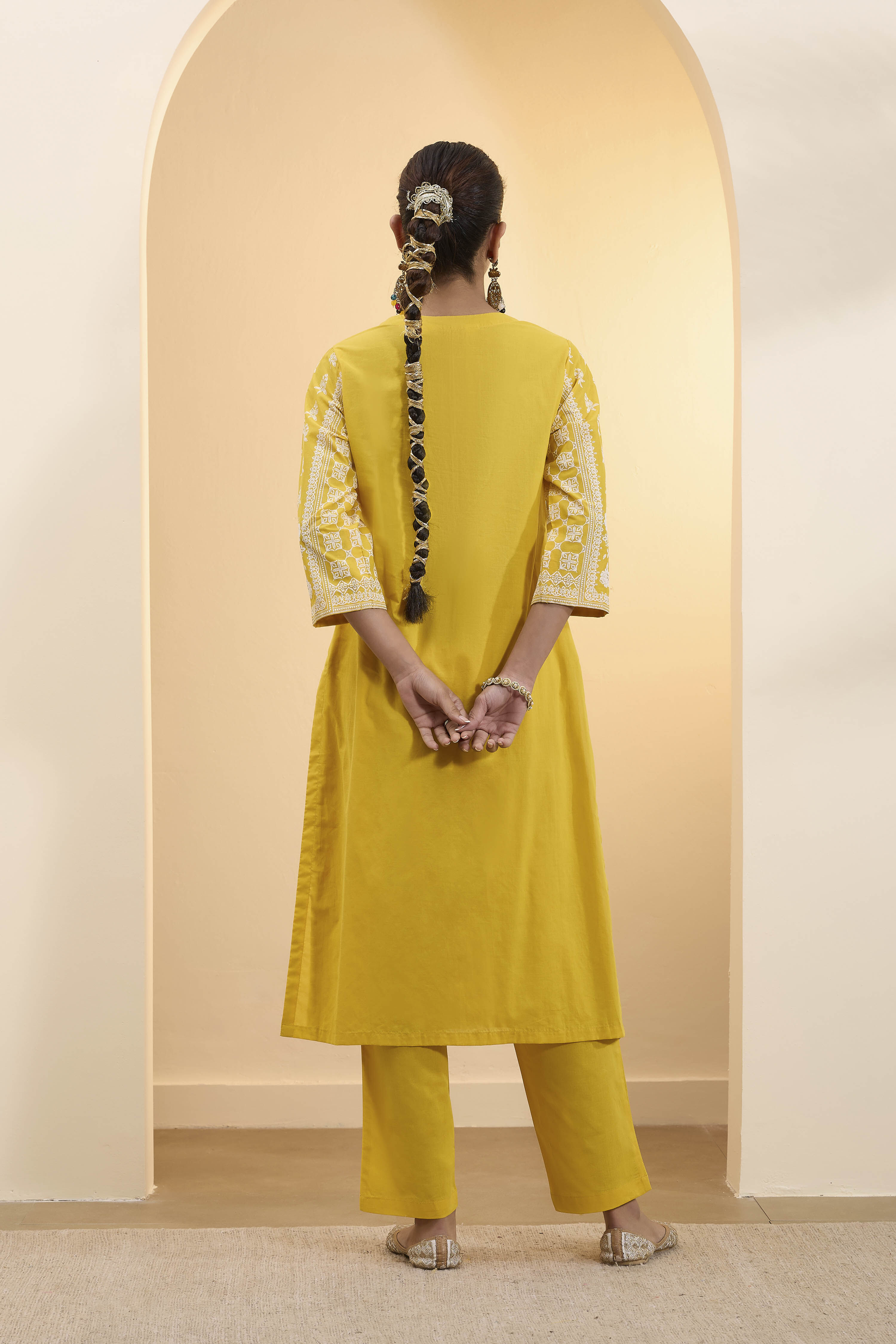 Yellow Silk Chanderi Printed Straight Kurta Set image number 4