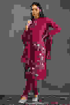 Rohit Bal Maroon Silk Chanderi Floral Straight Suit Set image number 6