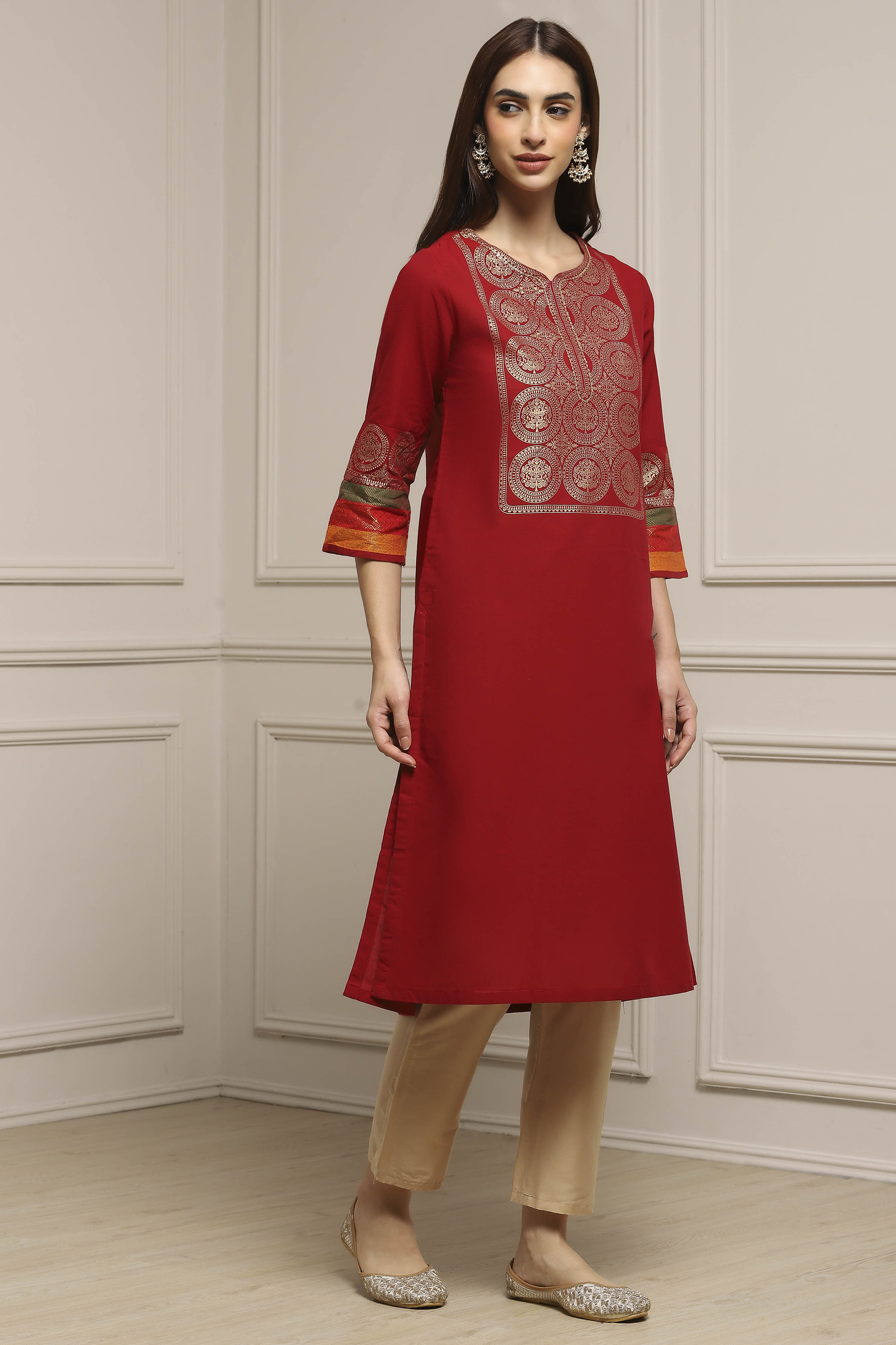Red Cotton Straight Kurta image number 4