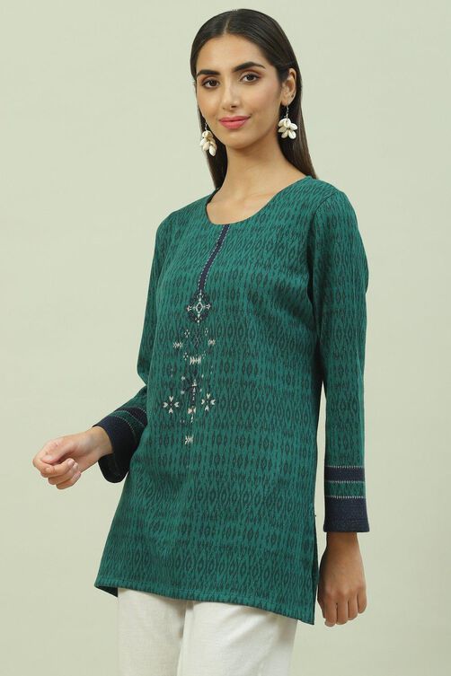 Blue Poly Metallic Straight Printed Kurti image number 2