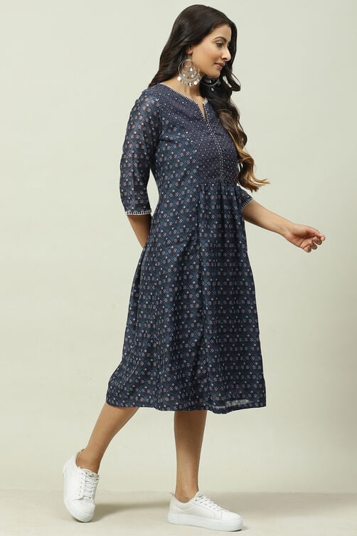 Indigo Art Silk A-Line Printed Kurta Dress image number 3