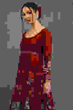 Rohit Bal Maroon Silk Chanderi Floral Anarkali Suit Set image number 1