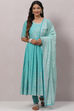 Turquoise Cotton Anarkali Kurta Churidar Suit Set