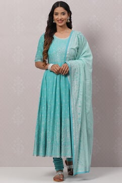 Turquoise Cotton Anarkali Kurta Churidar Suit Set image number 0