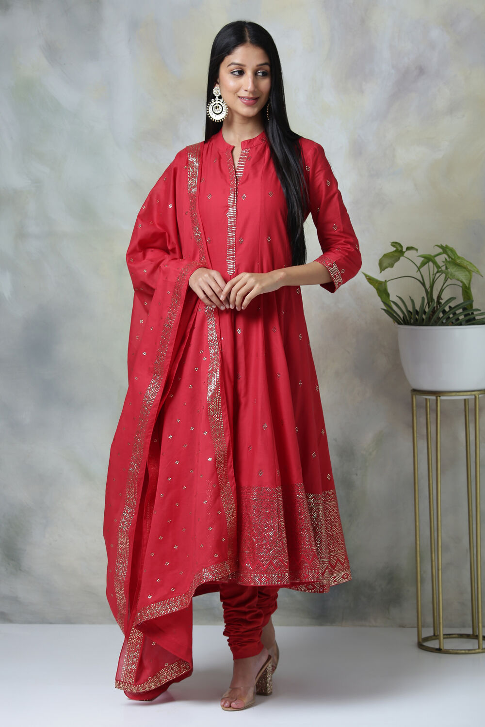 Red Cotton Kalidar Kurta Churidar Suit Set at Biba India