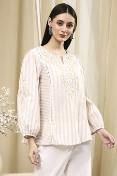 Beige Cotton A-Line Kurti image number 4