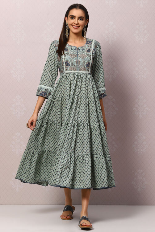 Green Cotton Flared Printed Kurta Dress image number 0