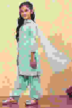 Turquoise Cotton Straight Printed Kurta Patiala Salwar Suit Set image number 3