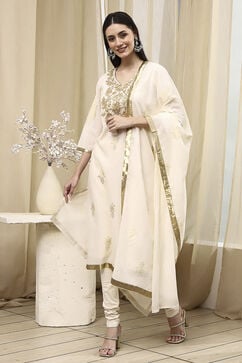 Off White Poly Chanderi Fitted Suit Set image number 3
