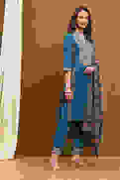 Teal Cotton Floral Printed Straight Suit Set image number 5