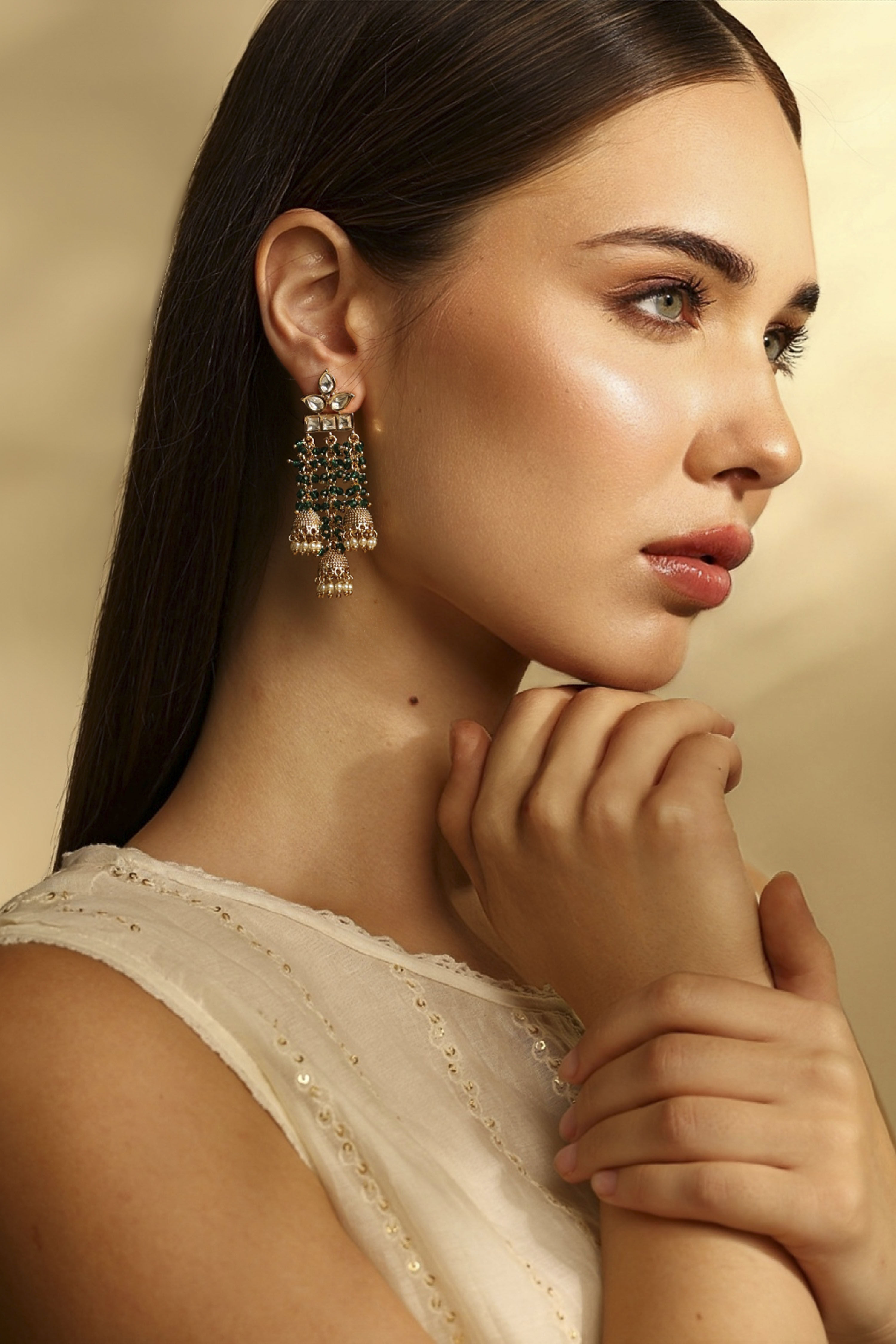 Green Brass Gold-Plated Drop and Dangler Earrings image number 3