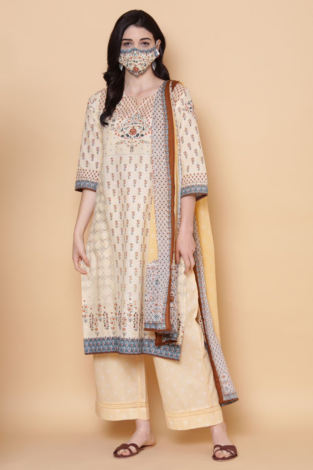 Beige Cotton Straight Kurta Palazzo Suit Set image number 4