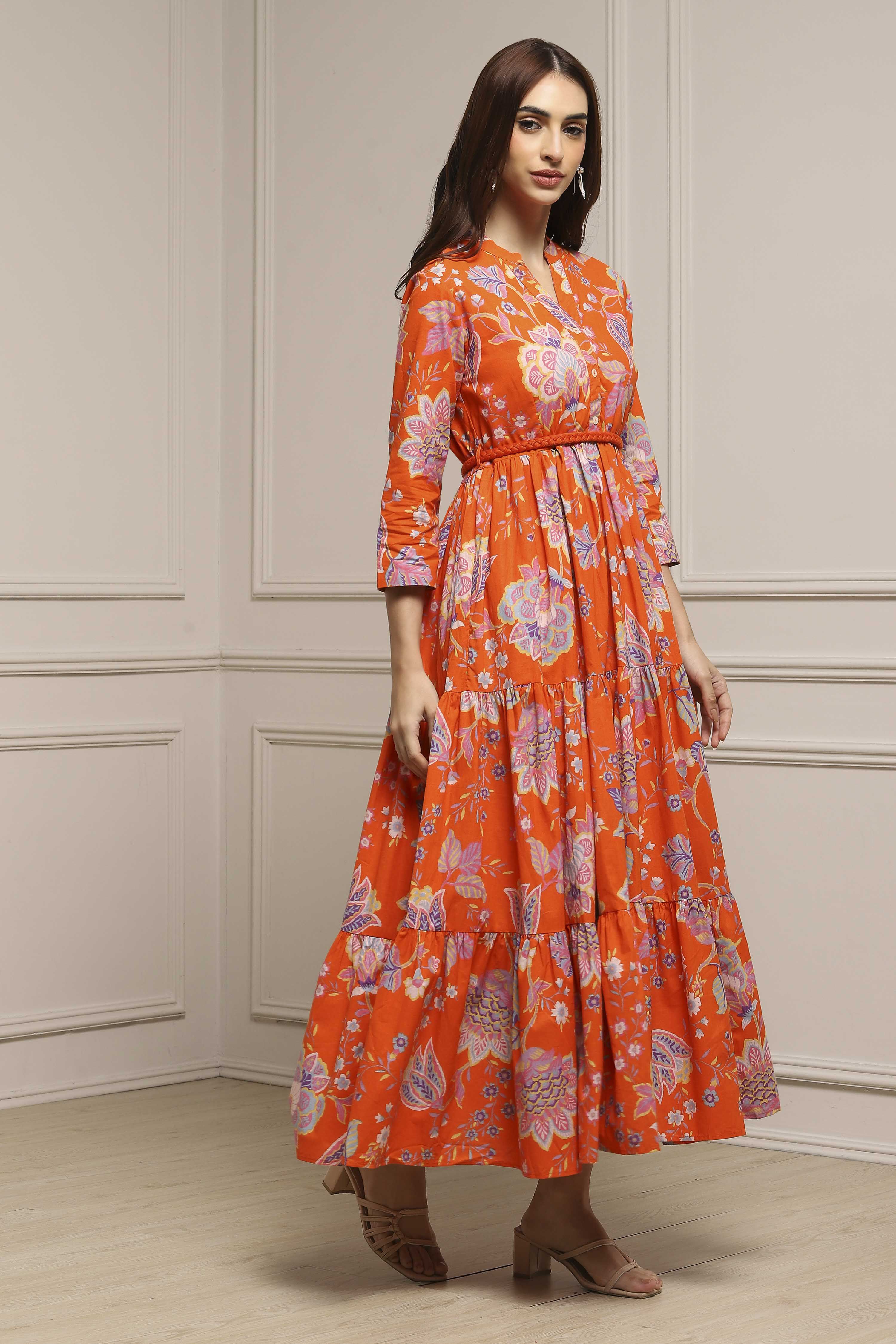 Orange Cotton Floral Tiered Dress image number 4