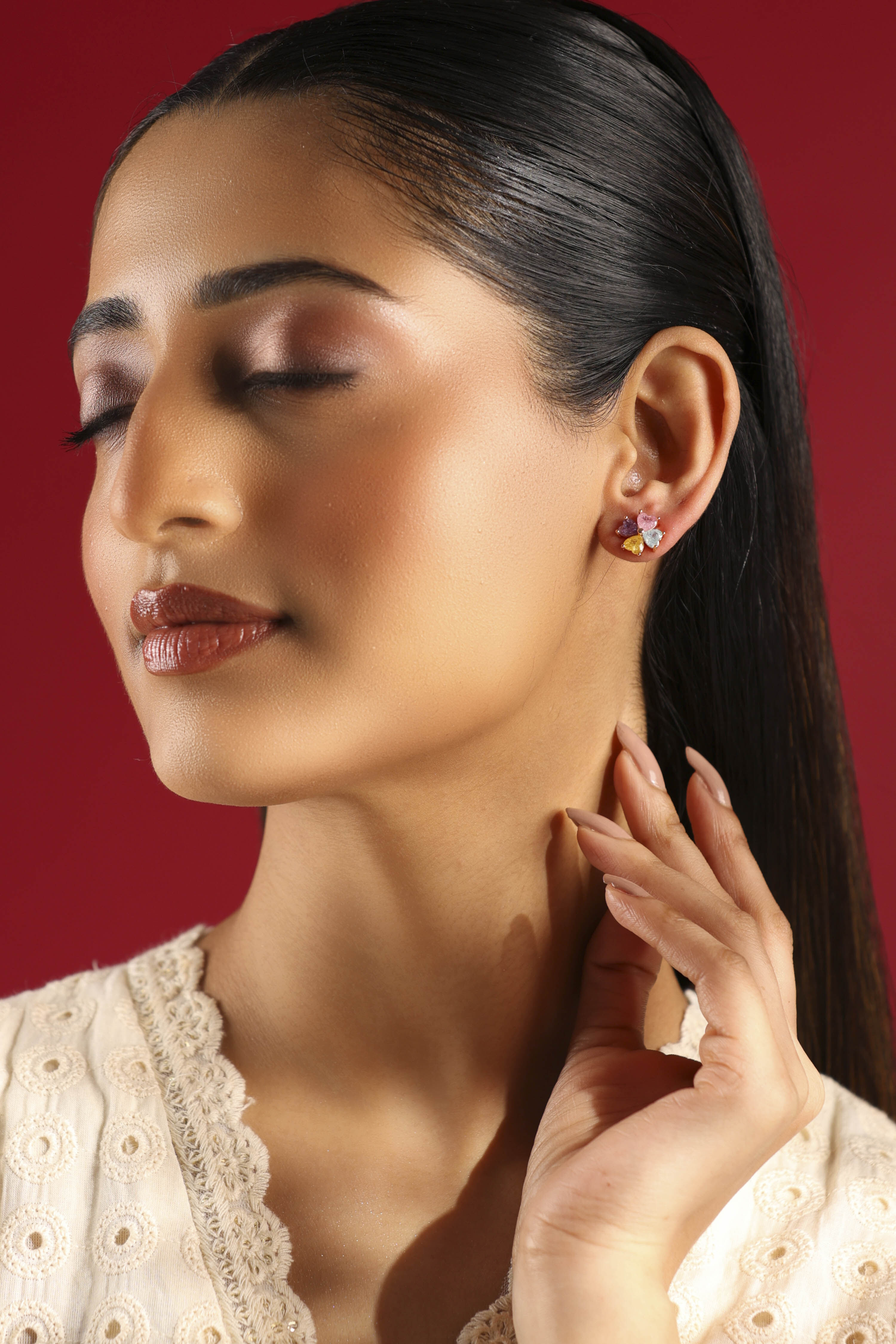 Multicolour Gold Plated Brass Floral Stud Earrings image number 3