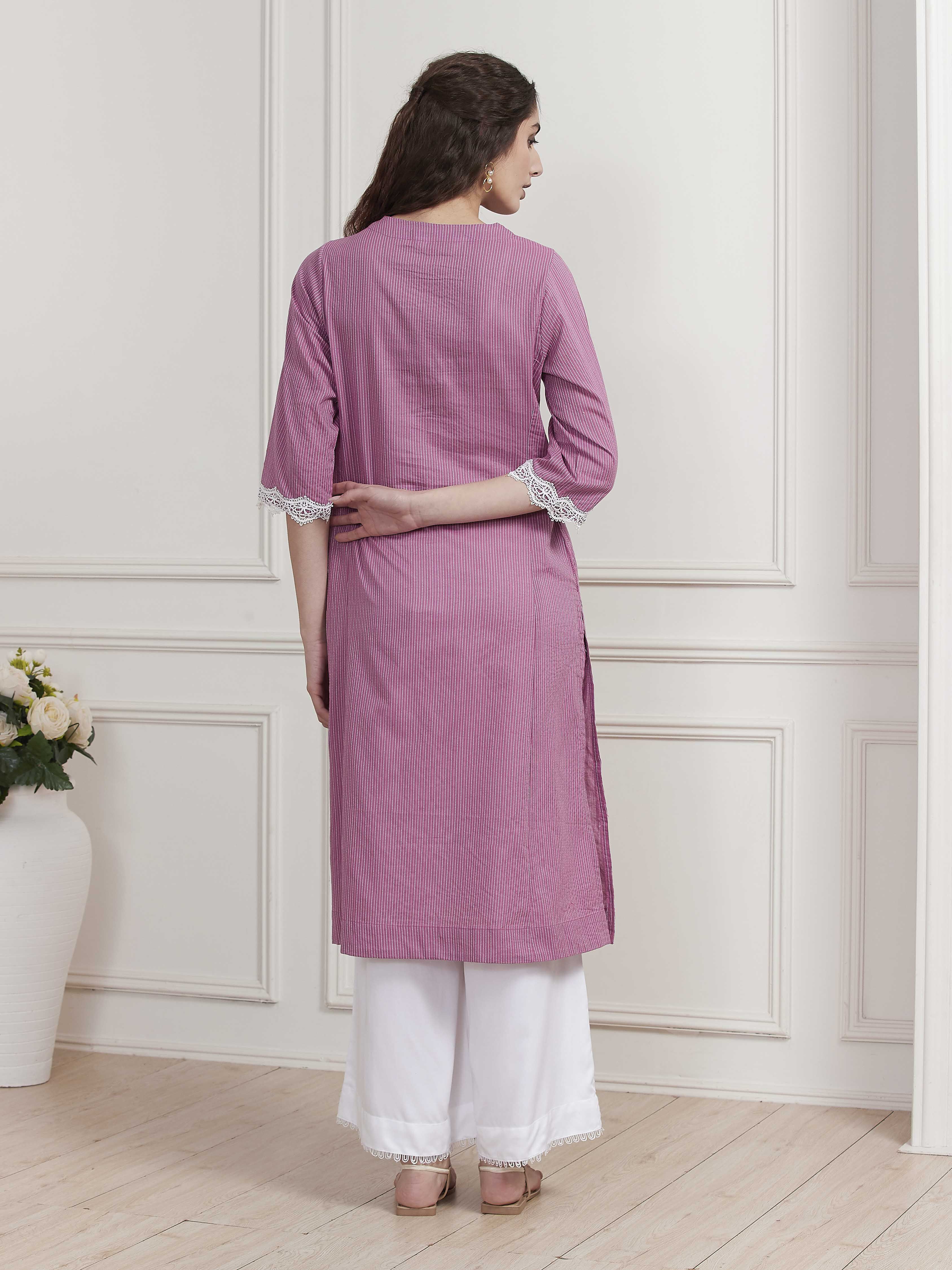 Blue Cotton Lace Trim Straight Kurta image number 3