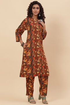 Brown Rayon Co-ord Set Kurta Relaxed Pant Suit Set image number 5