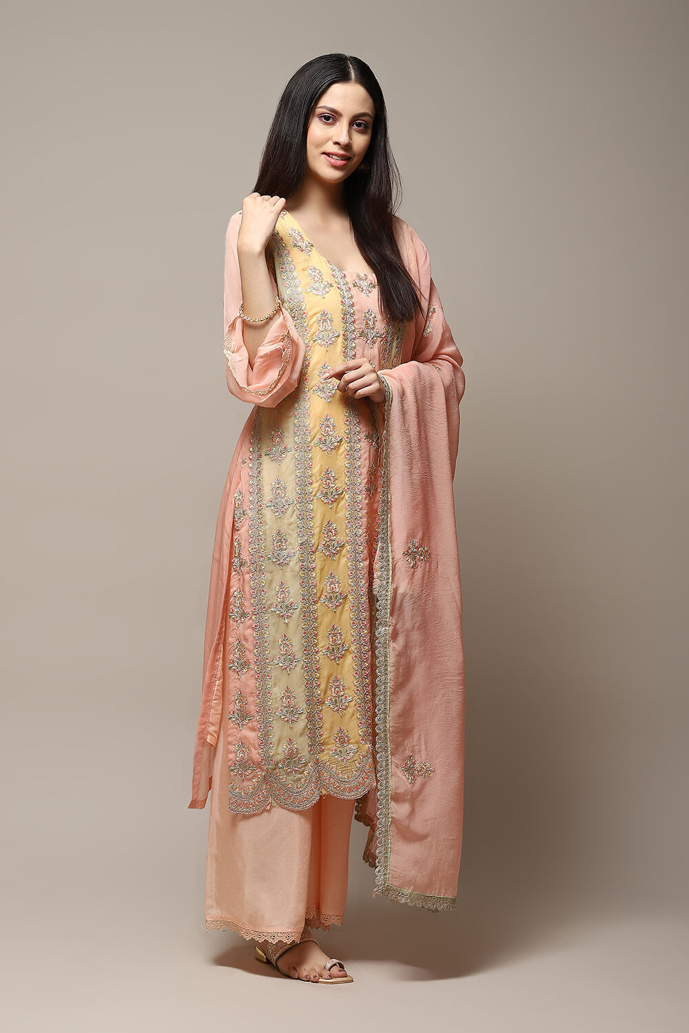 Peach Organza Printed Unstitched Suit Set image number 7