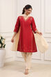 Red Cotton Straight Kurta Regular Pant Suit Set