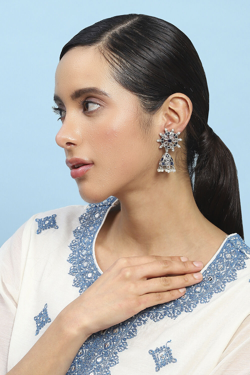 Blue White Brass Jhumka image number 3