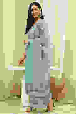 Teal Cotton Machine-Embroidered Unstitched Suit Set image number 4