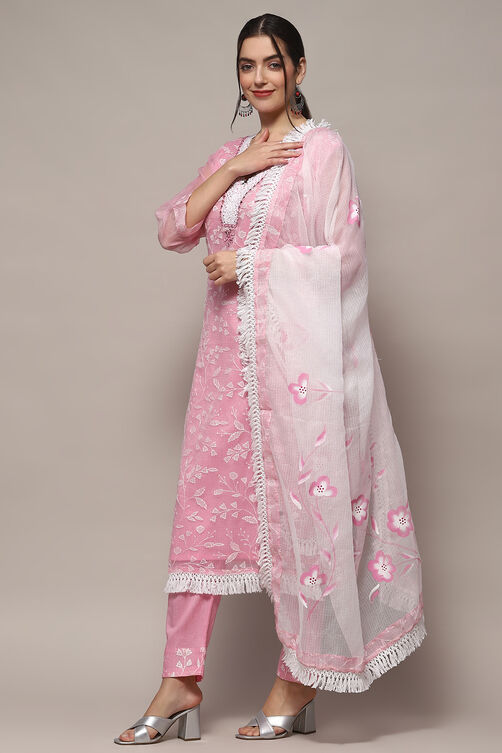 Pink Cotton Blend Unstitched Suit set image number 5