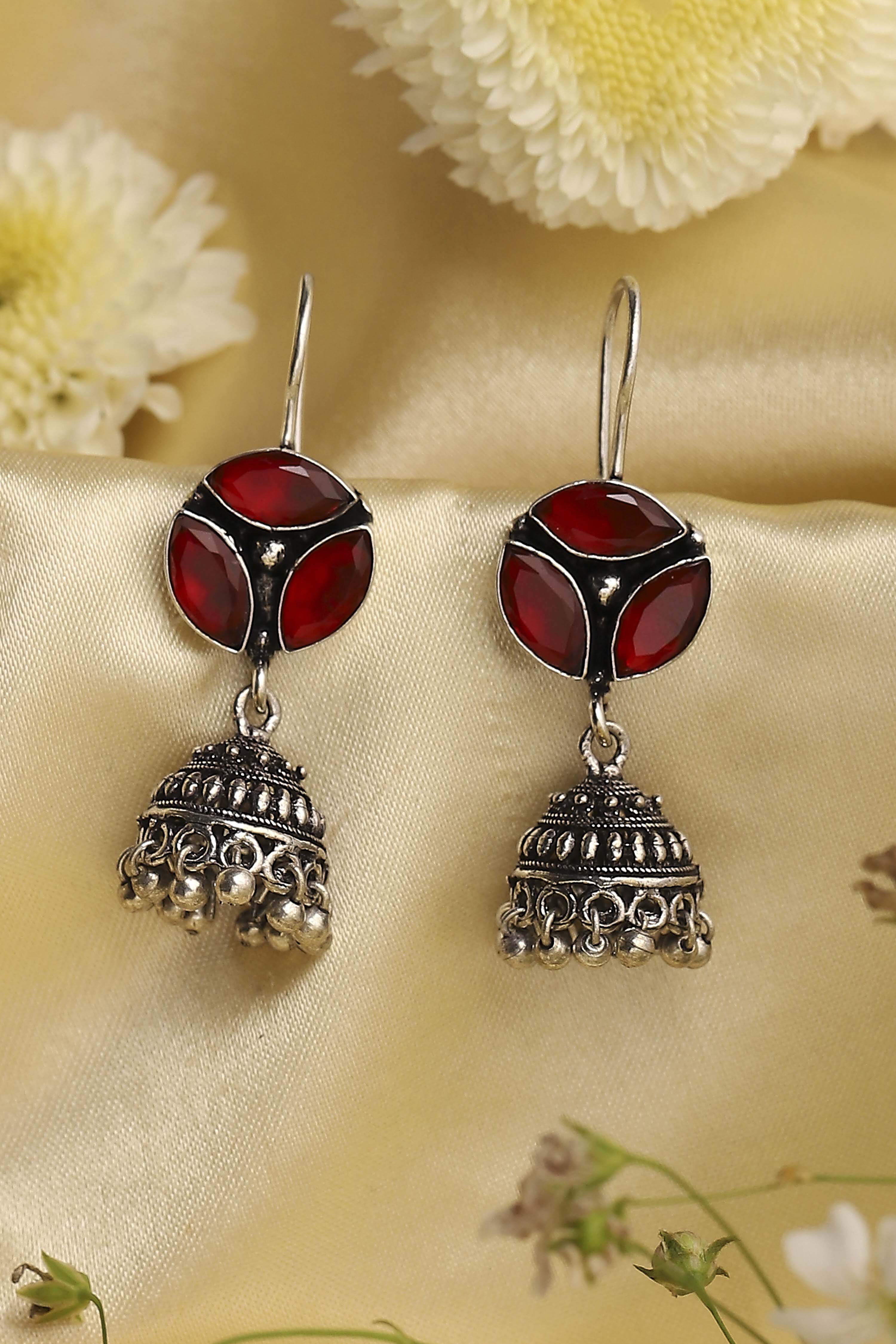 Red & Silver Toned Brass Studded Jhumkas image number 0