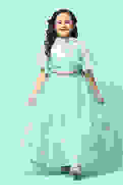 Mint Poly Viscose Short Kurta Lehenga Suit Set image number 7