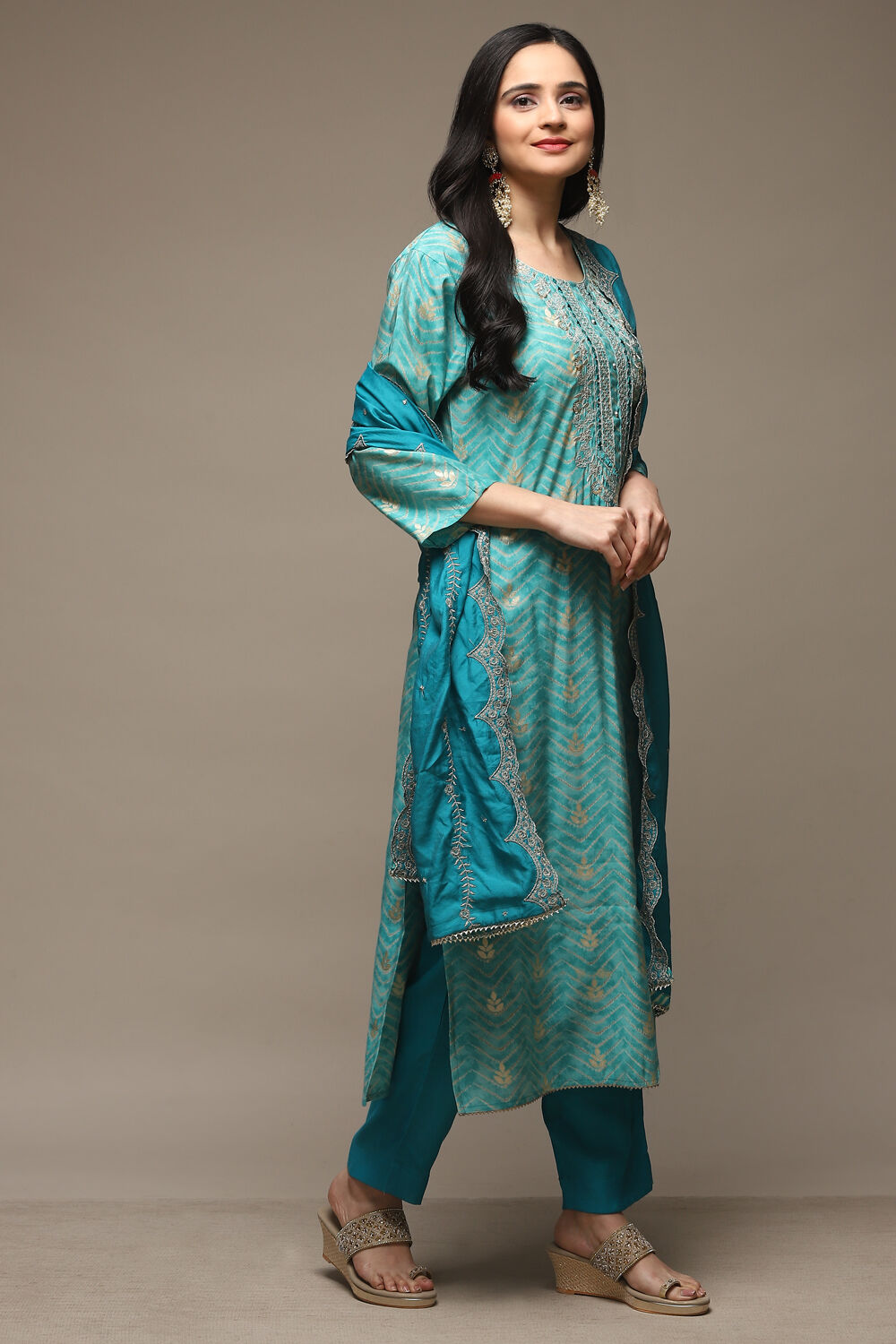 Blue Modal Machine Embroidered Unstitched Suit Set image number 7