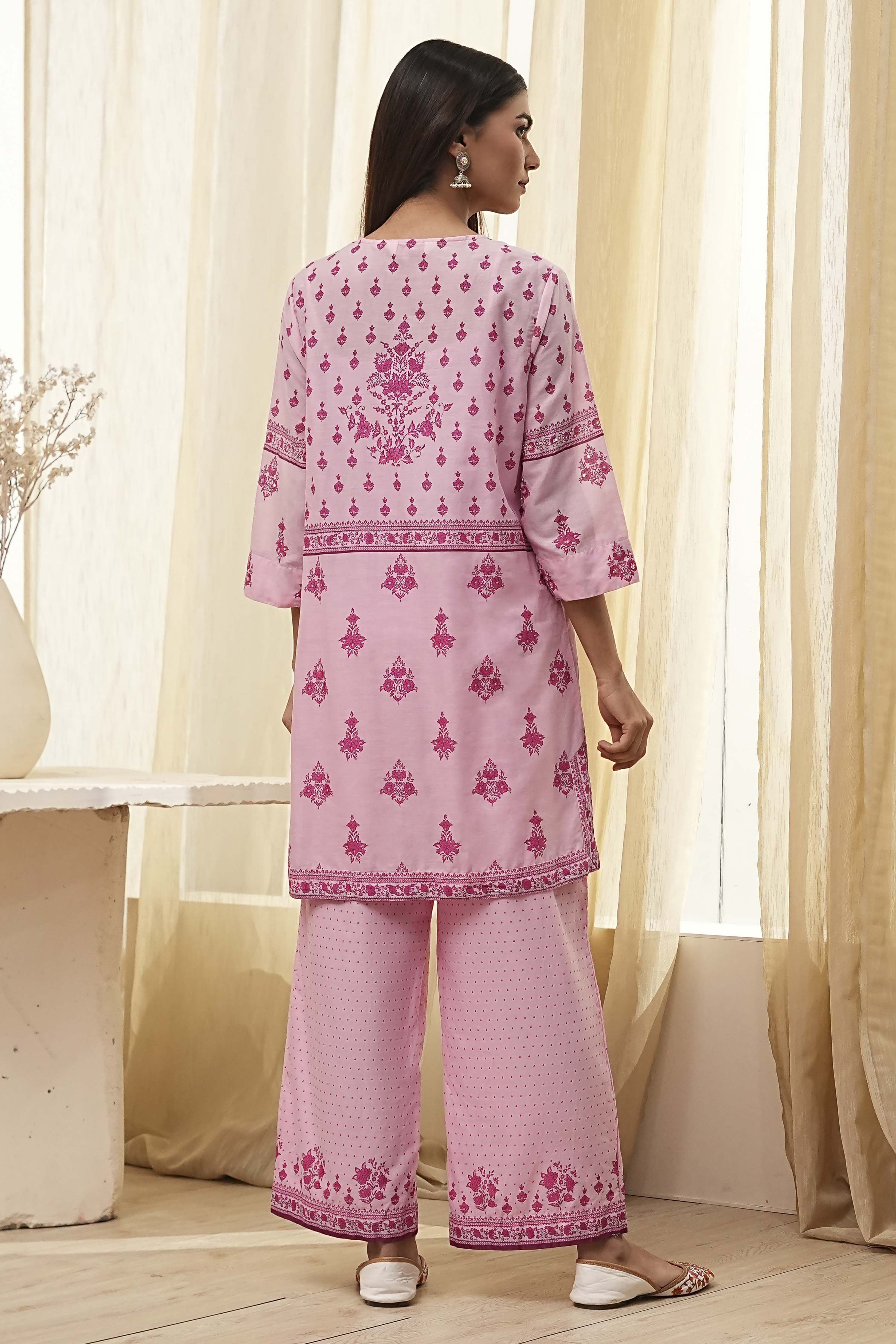 Light Pink Cotton Floral Straight Kurta Set image number 5