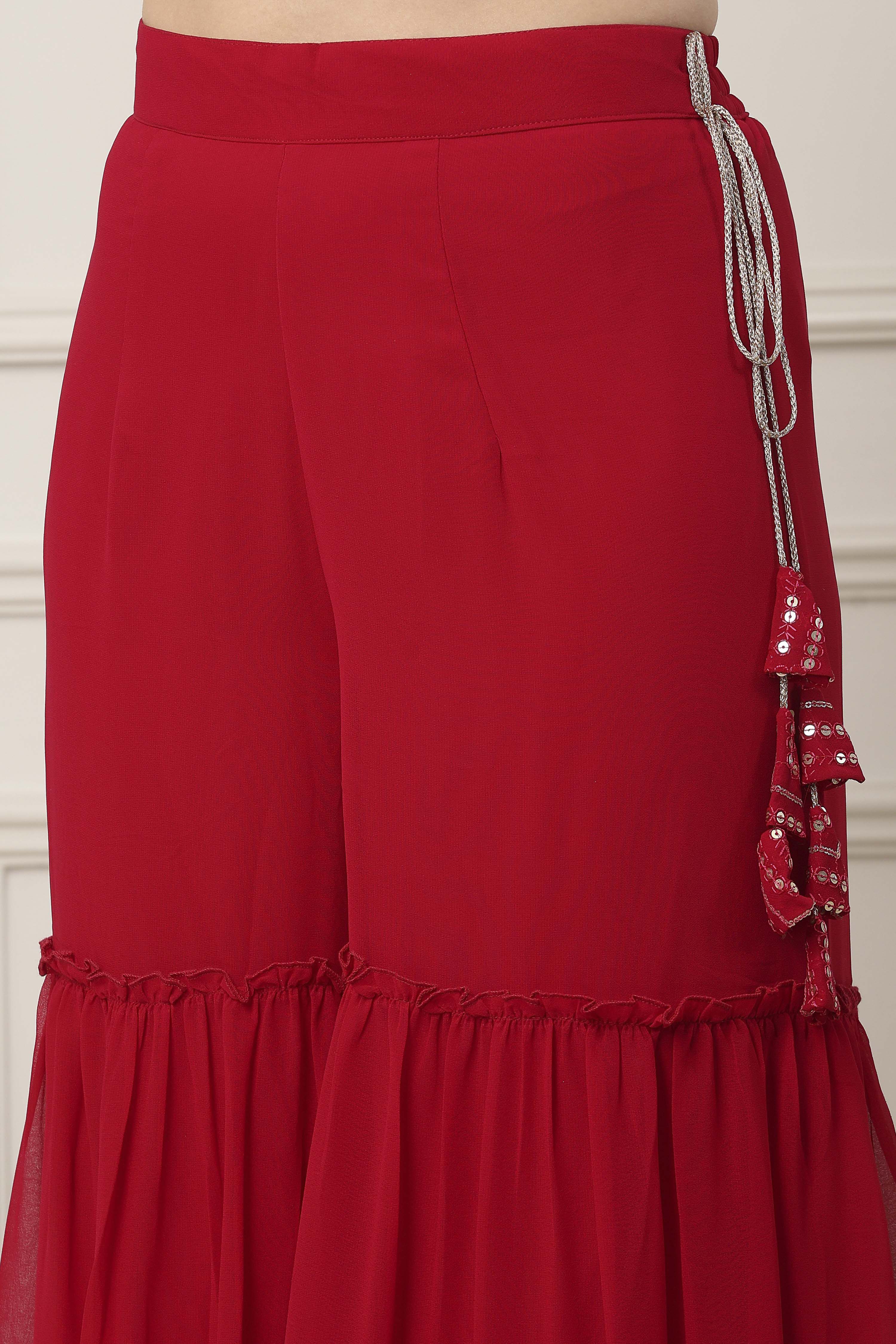 Red Polyester Straight Embroidered Sharara Suit Set image number 2