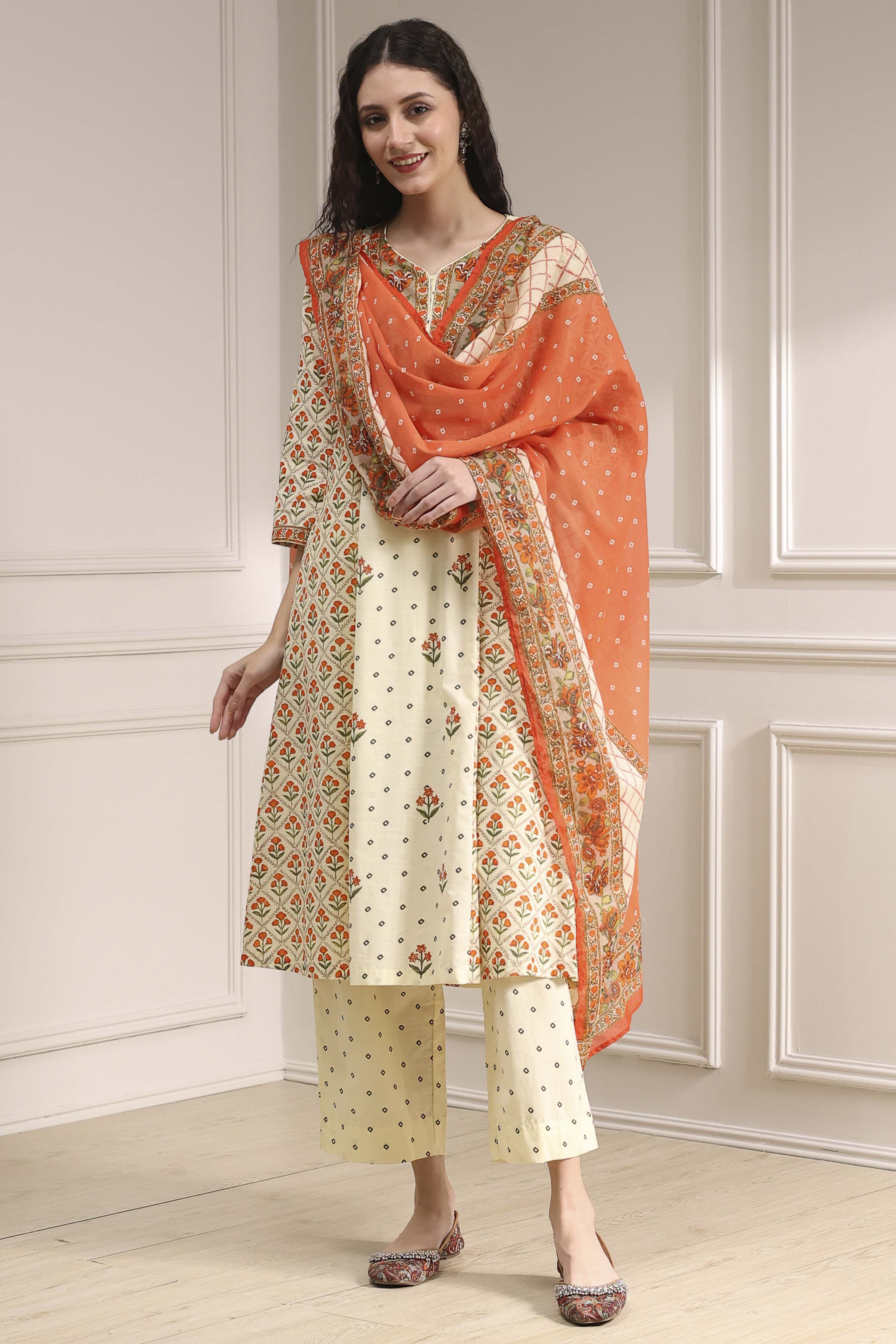 Beige Cotton Printed A-Line Suit Set image number 6