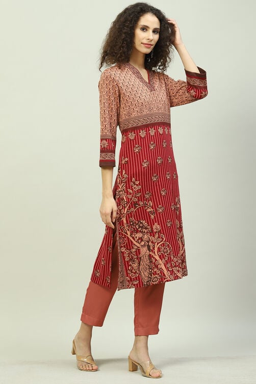 Berry Acrylic Straight Printed Kurta image number 3