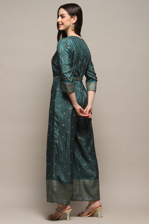 Teal Viscose Jackquard Straight Printed Jumpsuit image number 3