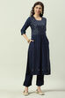 Navy Printed Rayon Straight Kurta Regular Pants Suit Set image number 5