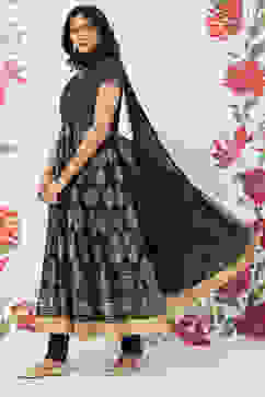 Rohit Bal Navy Blue Chanderi Silk Anarkali Solid Suit Set image number 5