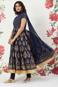 Rohit Bal Navy Blue Chanderi Silk Anarkali Solid Suit Set image number 5